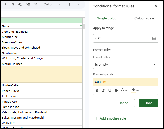 Conditional formatting sidebar with "Is empty" rule and fill color applied to a sheet with highlighted blanks