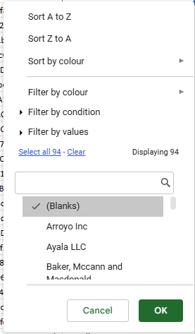 Filter dropdown menu with "Clear" clicked and only "(Blanks)" checkbox selected