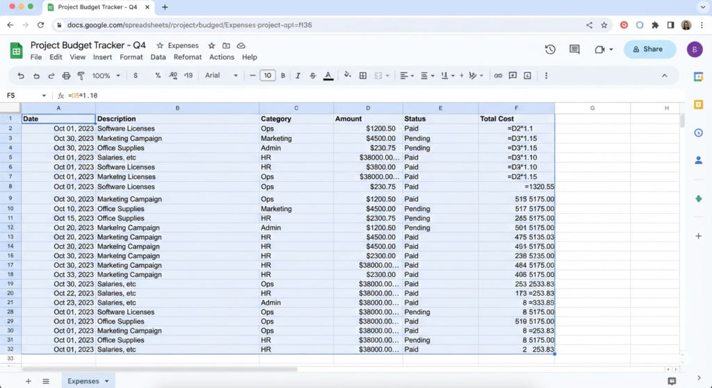 How to Find Formula Cells in Google Sheets (Step-by-Step) 4 A range of cells highlighted in Google Sheets - mix of formulas and static value